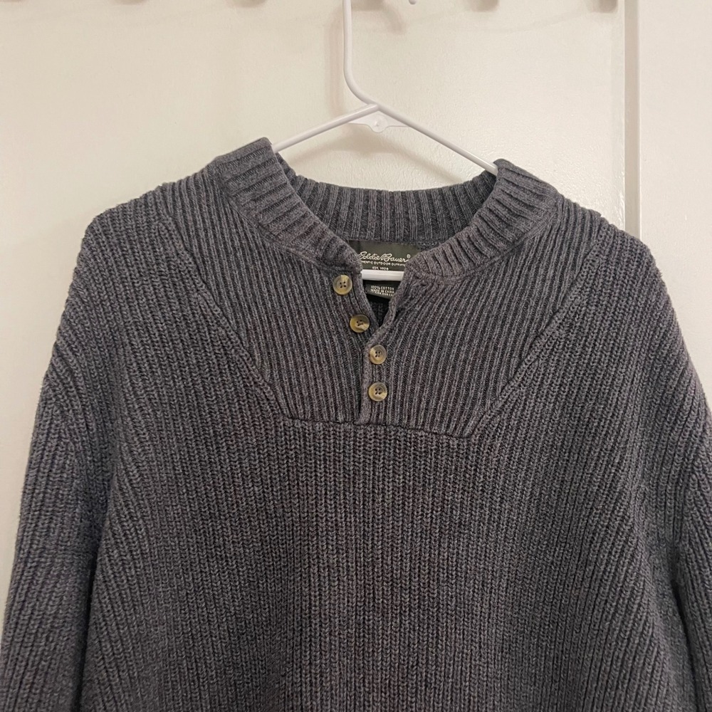 Eddie Bauer Quarter Button Gray Pullover Sweater Mens Preppy Granola Fall